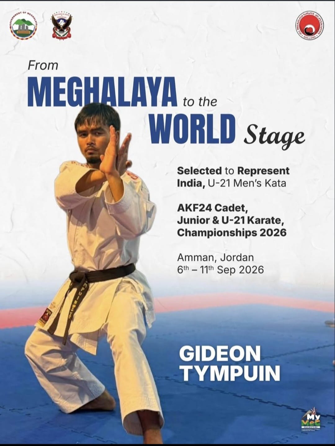 Mr. Gideon Tympuin selected to represent India in the U-21 Men’s Kata category at the upcoming AKF Cadet, Junior & U21 Karate Championships 2026 