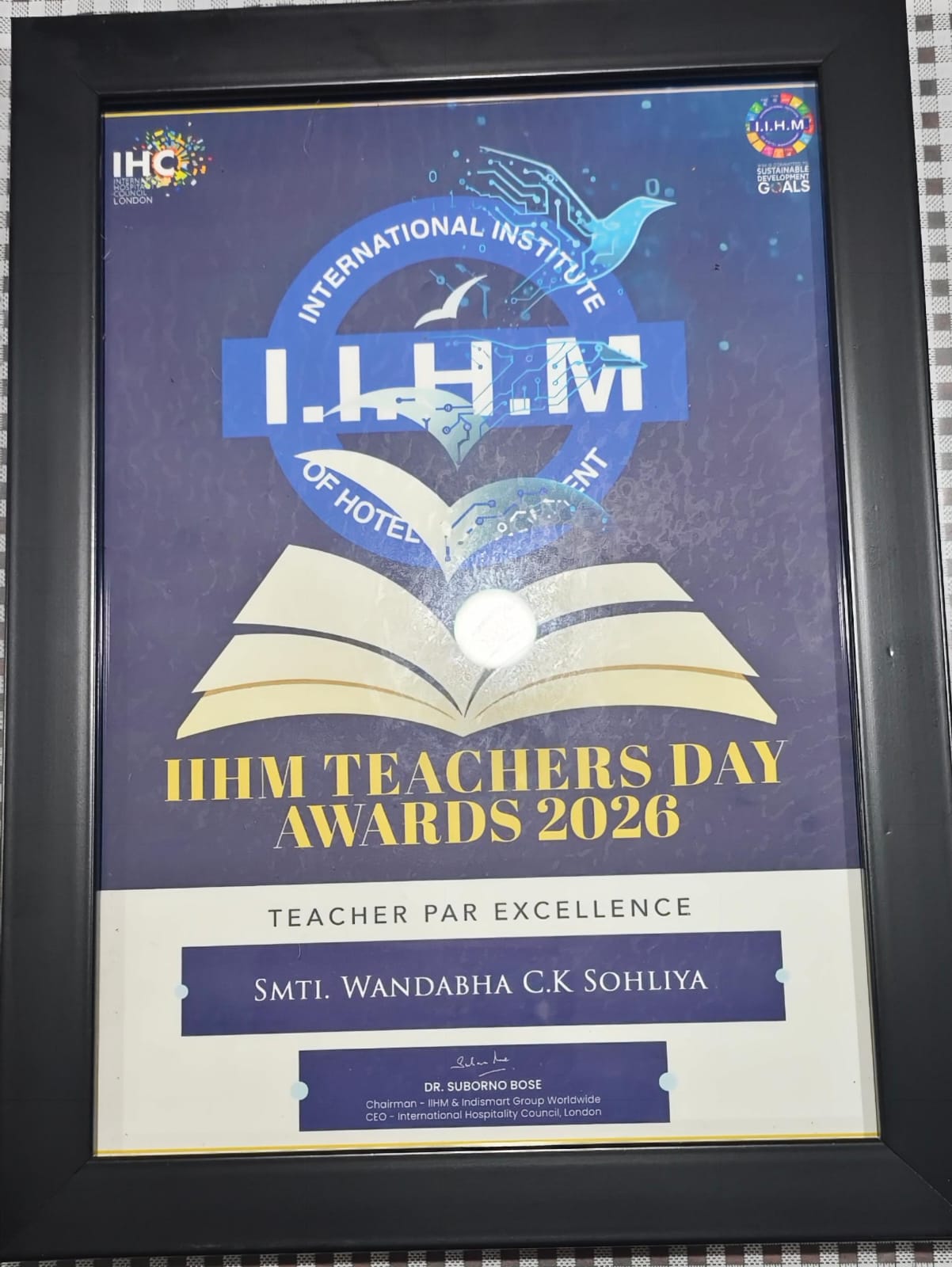 IIHM Institute of Hospitality Skills, Shillong felicitated Smt. W. C. K. Sohliya, Head, Department of Business Administration, for her outstanding contribution.