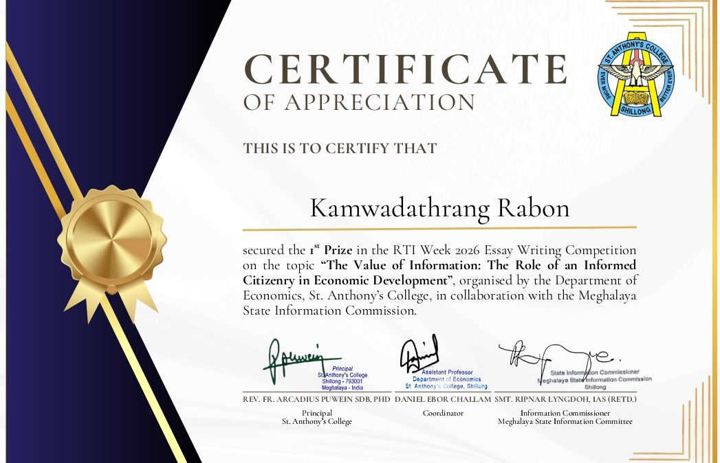 Kamwadathrang Rabon Secures First Prize in RTI Week 2026 Essay Writing Competition